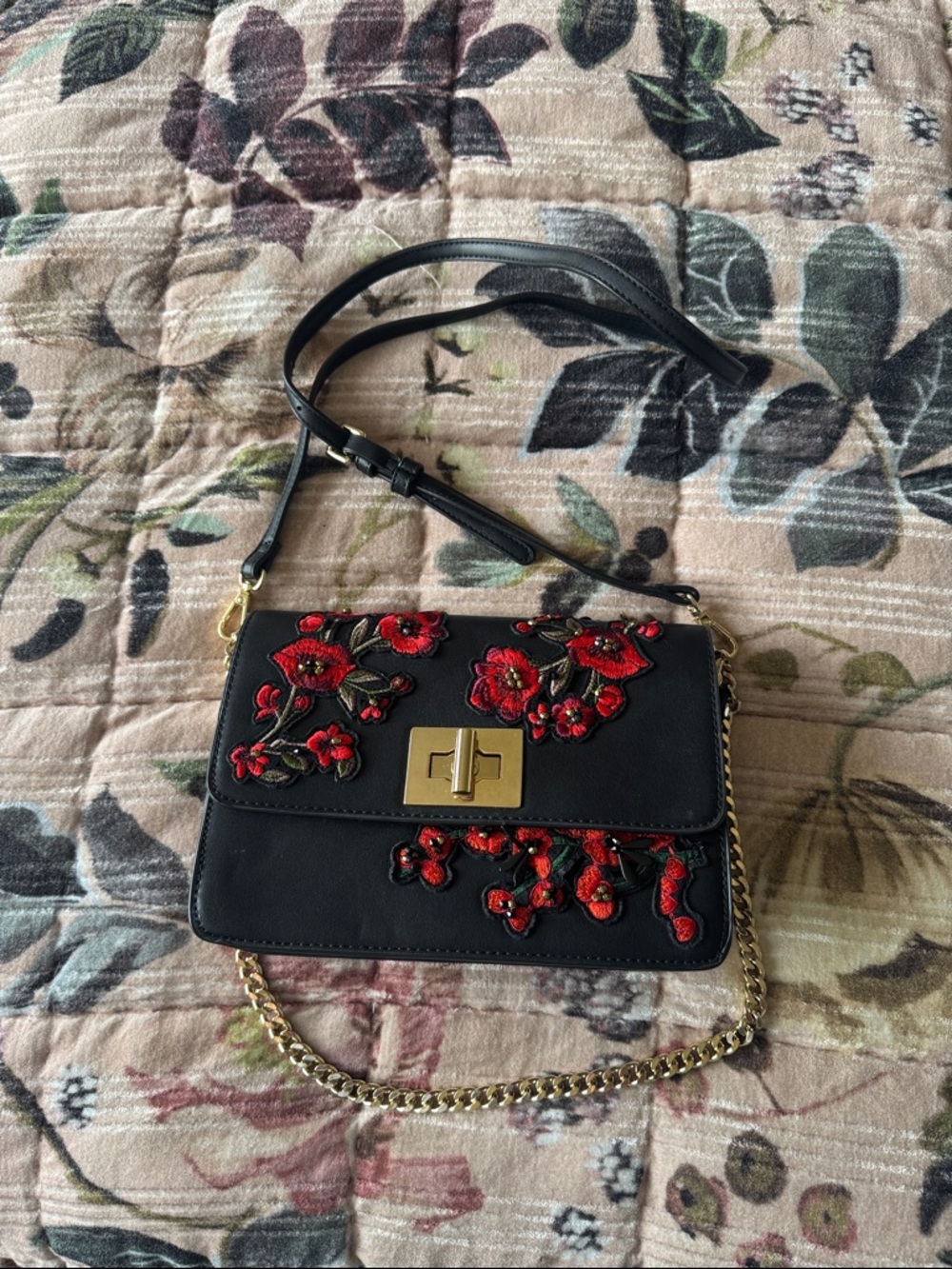 Mango Black Crossbody Bag with Red Floral Embroidery and Gold Hardware